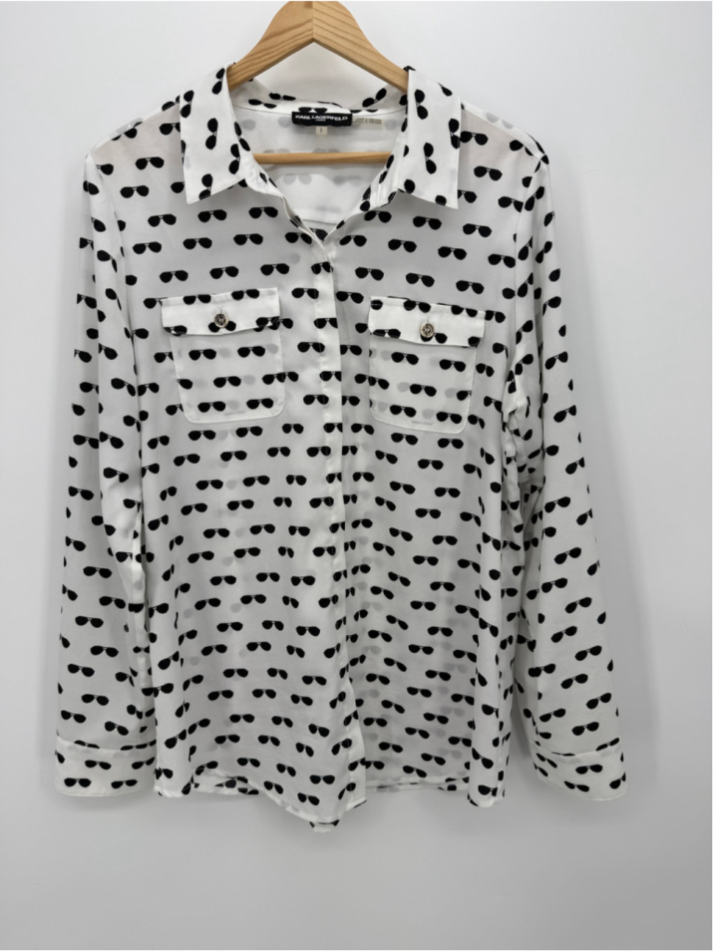 KARL LAGERFELD PARIS Button Down Shirt Black Sunglasses Print Women Size L